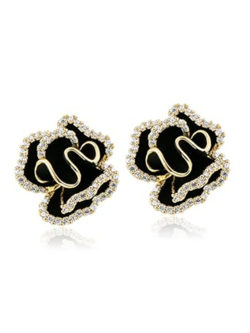 Black Camellia Flower Stud Ears 14K Gold Plated Hypoallergenic Jewelry‎